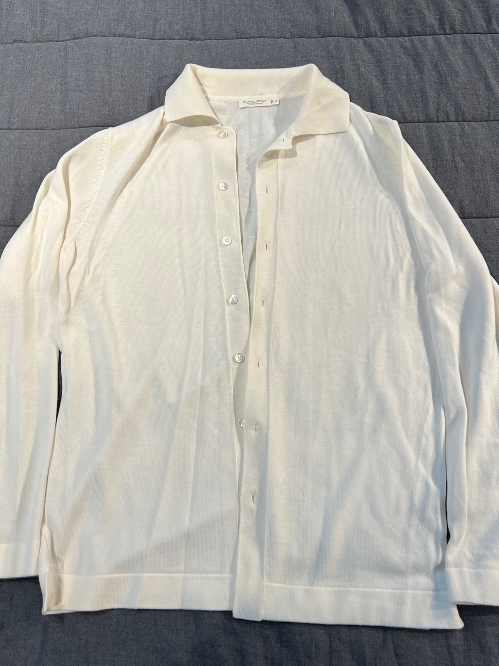 Suitsupply Cream Long-Sleeve Button-Down Knit Shirt